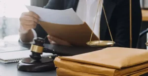 a person holding a document and a gavel