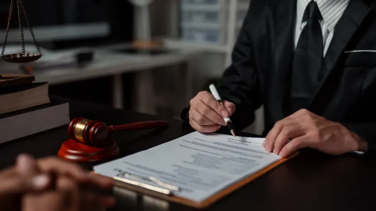 Person in formal suit reviewing and signing legal documents at desk with gavel and scales.