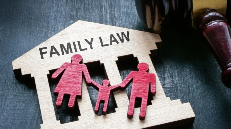 Wooden house-shaped cutout with "FAMILY LAW" text and red family figures beside a judge's gavel.