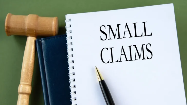 Wooden gavel, dark blue book, and white spiral notebook with "SMALL CLAIMS" text and black pen.