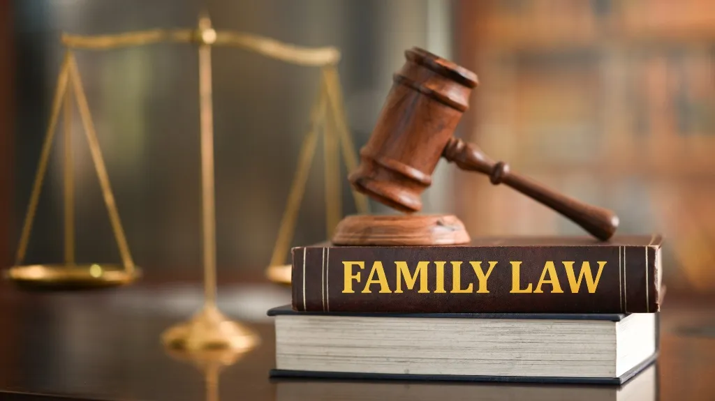 Wooden judge's gavel resting on a "Family Law" book with a blurred golden balance scale in the background.