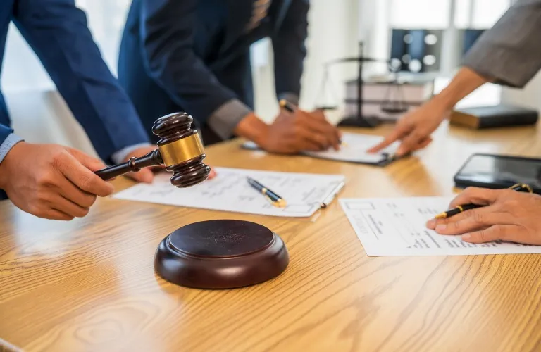 Close-up of a wooden gavel and legal documents on a table with professionals writing.