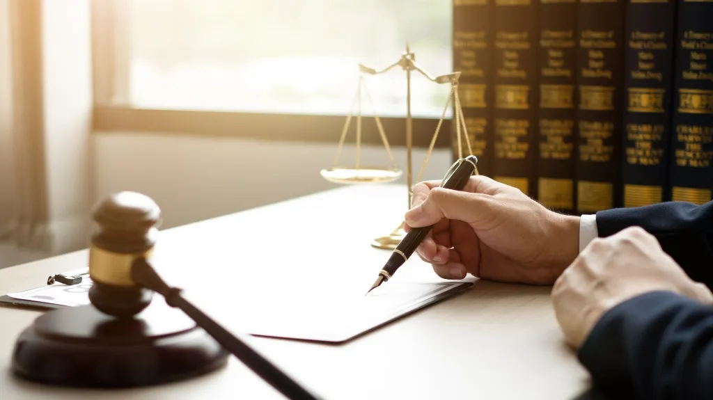 Hand holding pen poised to write on paper, with gavel and scales of justice on desk.