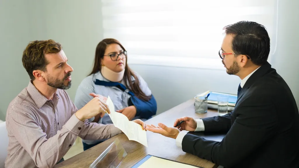 Three adults engaged in a serious discussion in an office, one woman with a neck brace and arm sling.