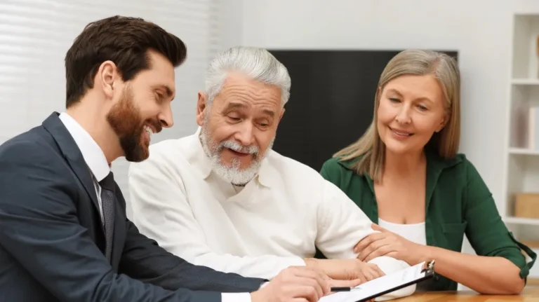 Three adults, two men and one woman, reviewing documents together at a table.